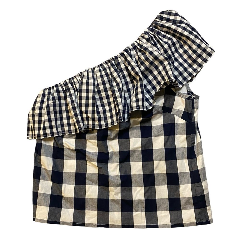J. Crew White and Navy Gingham Ruffle One Shoulder Blouse - Picture 2 of 8